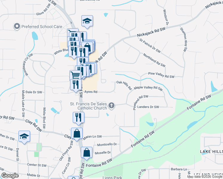 map of restaurants, bars, coffee shops, grocery stores, and more near 580 Ayres Rd in Mableton