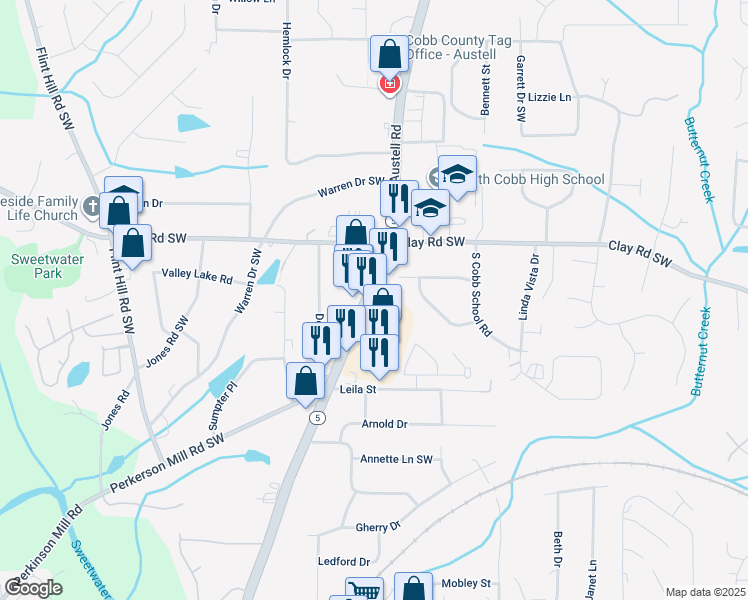 map of restaurants, bars, coffee shops, grocery stores, and more near 5025 Austell Road in Austell