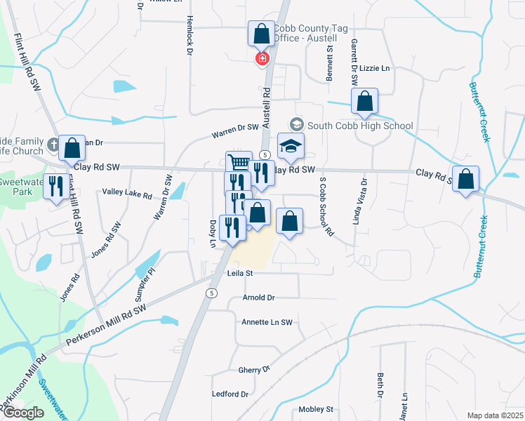 map of restaurants, bars, coffee shops, grocery stores, and more near 5027 Austell Road in Austell