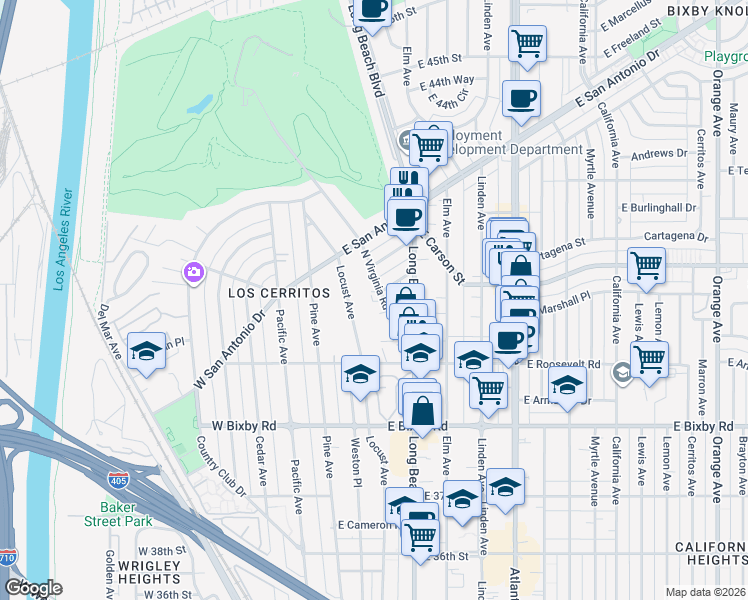 map of restaurants, bars, coffee shops, grocery stores, and more near 4005 North Virginia Road in Long Beach