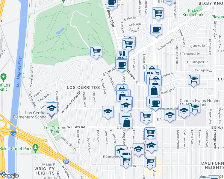 map of restaurants, bars, coffee shops, grocery stores, and more near 4015 North Virginia Road in Long Beach