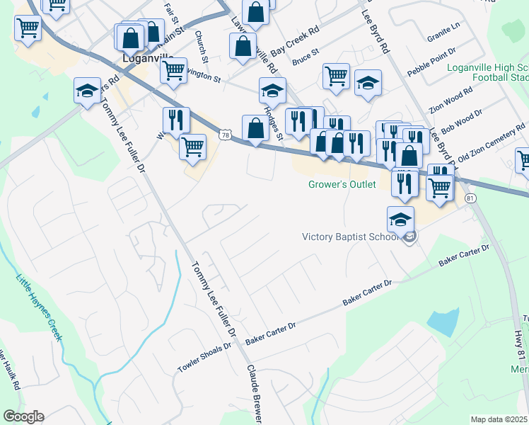 map of restaurants, bars, coffee shops, grocery stores, and more near 1256 Saint James Place in Loganville