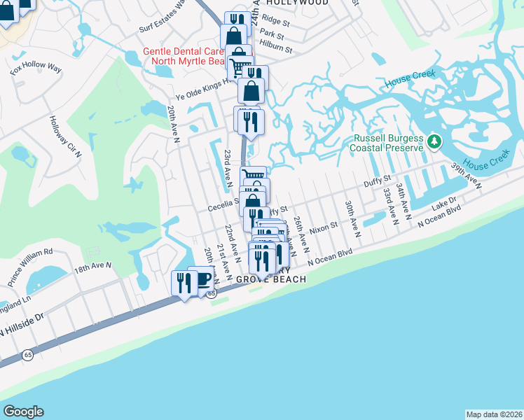 map of restaurants, bars, coffee shops, grocery stores, and more near 2315 Duffy Street in North Myrtle Beach