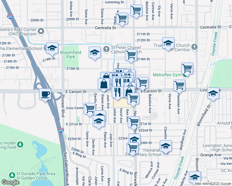 map of restaurants, bars, coffee shops, grocery stores, and more near in Lakewood