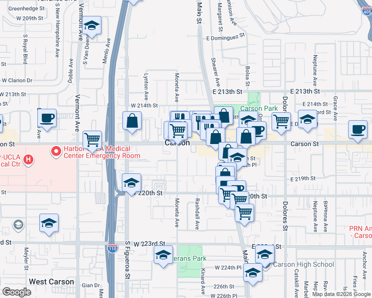 map of restaurants, bars, coffee shops, grocery stores, and more near 228 West Carson Street in Carson