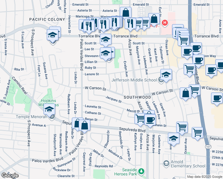 map of restaurants, bars, coffee shops, grocery stores, and more near 4931 West Carson Street in Torrance