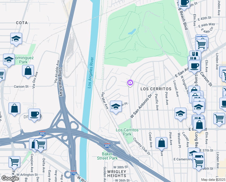 map of restaurants, bars, coffee shops, grocery stores, and more near 627 Avery Place in Long Beach
