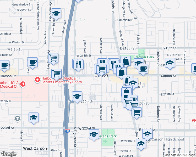 map of restaurants, bars, coffee shops, grocery stores, and more near 316 West Carson Street in Carson