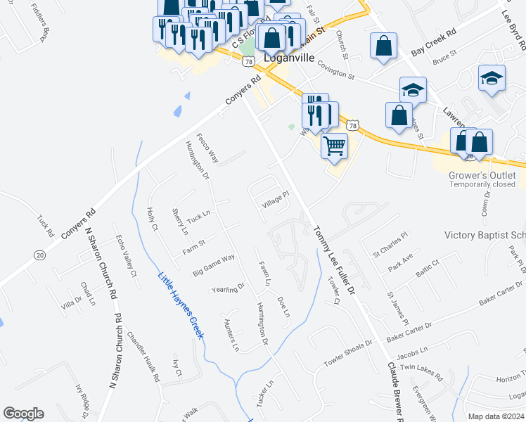 map of restaurants, bars, coffee shops, grocery stores, and more near 815 Village Place in Loganville