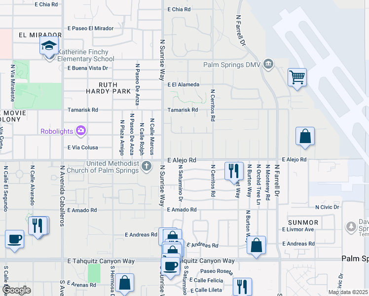 map of restaurants, bars, coffee shops, grocery stores, and more near 562 North Saturmino Drive in Palm Springs
