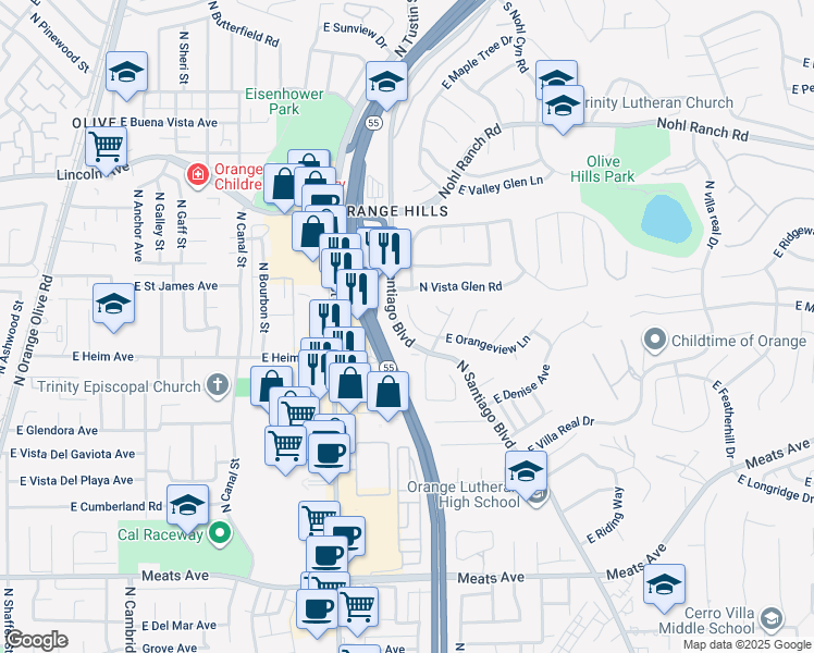 map of restaurants, bars, coffee shops, grocery stores, and more near 2028 East Orangeview Lane in Orange