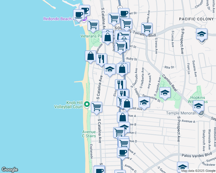map of restaurants, bars, coffee shops, grocery stores, and more near South Broadway & Topaz Street in Redondo Beach