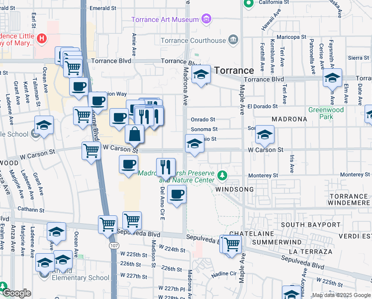 map of restaurants, bars, coffee shops, grocery stores, and more near W Carson St & Madrona Ave in Torrance