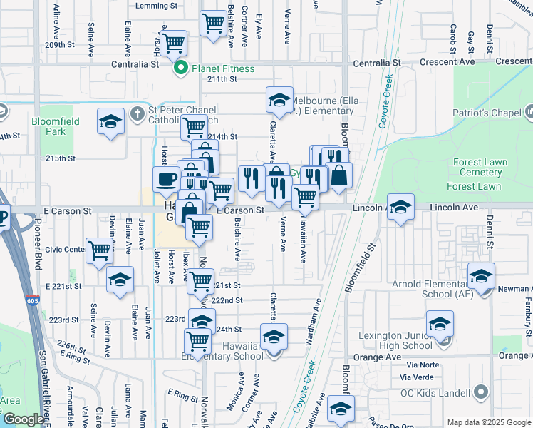 map of restaurants, bars, coffee shops, grocery stores, and more near 12360 East Carson Street in Hawaiian Gardens