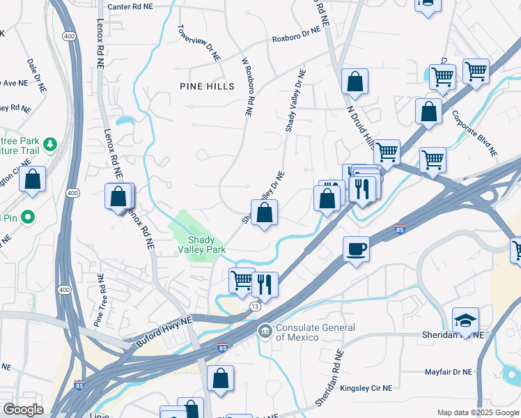 map of restaurants, bars, coffee shops, grocery stores, and more near 2811 Shady Valley Drive Northeast in Atlanta