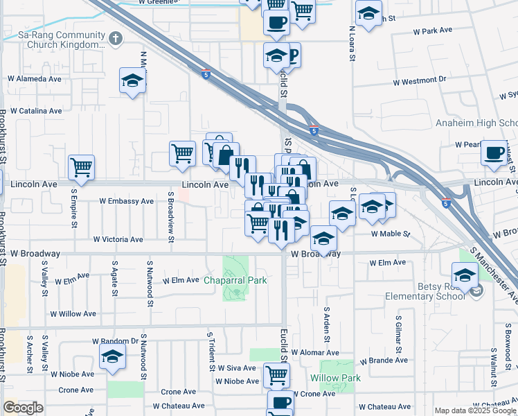map of restaurants, bars, coffee shops, grocery stores, and more near 101 South Euclid Street in Anaheim