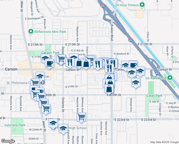 map of restaurants, bars, coffee shops, grocery stores, and more near 21726 Grace Avenue in Carson