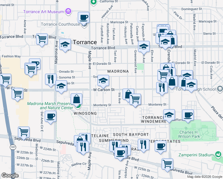 map of restaurants, bars, coffee shops, grocery stores, and more near West Carson Street & Juniper Avenue in Torrance