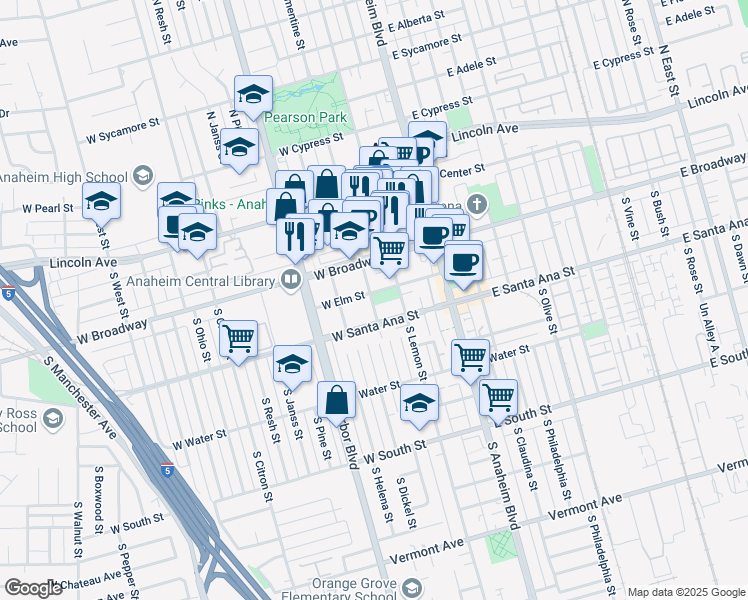 map of restaurants, bars, coffee shops, grocery stores, and more near 415 South Clementine Street in Anaheim