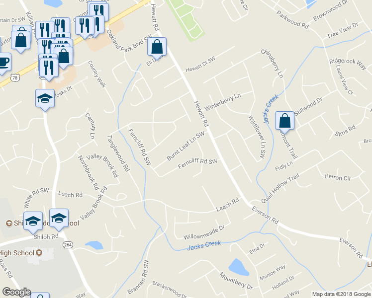 map of restaurants, bars, coffee shops, grocery stores, and more near 3818 Burnt Leaf Lane Southwest in Snellville