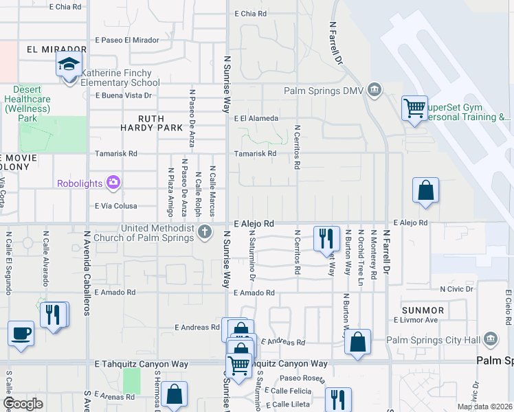 map of restaurants, bars, coffee shops, grocery stores, and more near 562 North Saturmino Drive in Palm Springs
