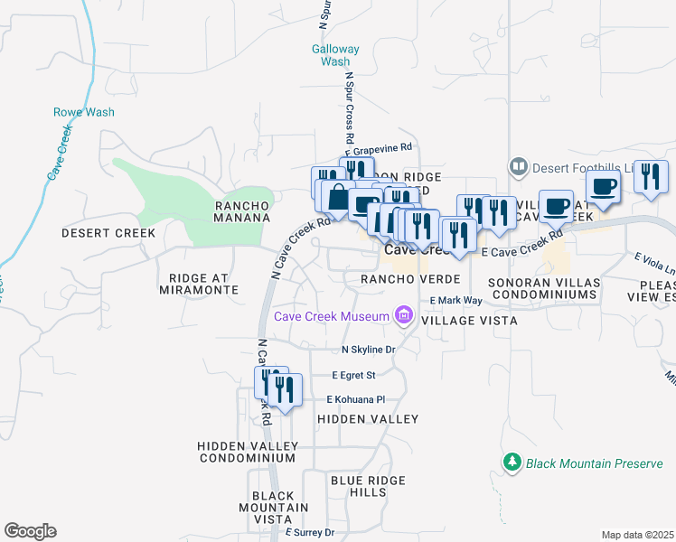 map of restaurants, bars, coffee shops, grocery stores, and more near 6023 E Hidden Valley Dr in Cave Creek