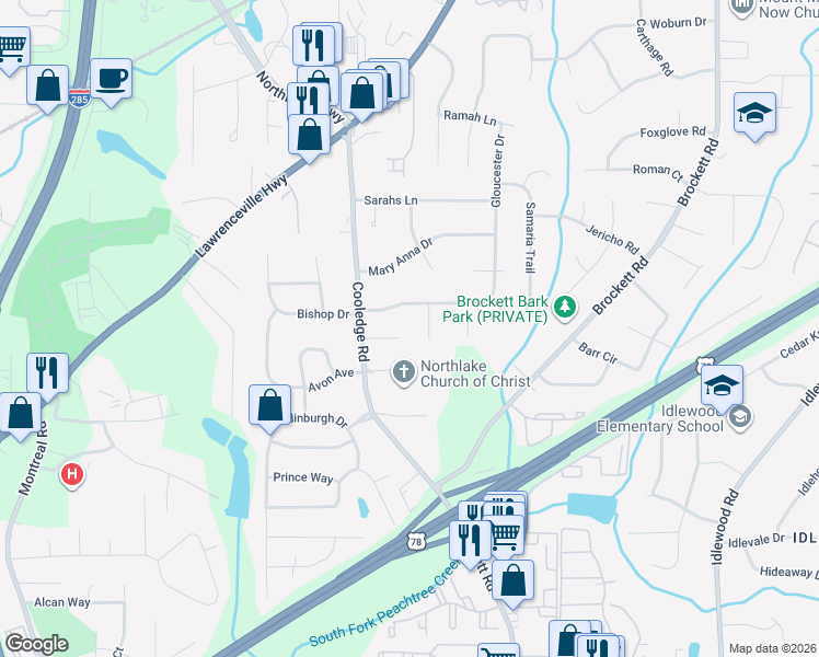 map of restaurants, bars, coffee shops, grocery stores, and more near 3752 Bailey Road in Tucker