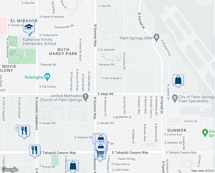 map of restaurants, bars, coffee shops, grocery stores, and more near 562 North Saturmino Drive in Palm Springs