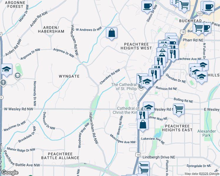 map of restaurants, bars, coffee shops, grocery stores, and more near 2820 Vernon Road Northwest in Atlanta