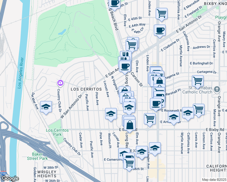 map of restaurants, bars, coffee shops, grocery stores, and more near 4015 North Virginia Road in Long Beach