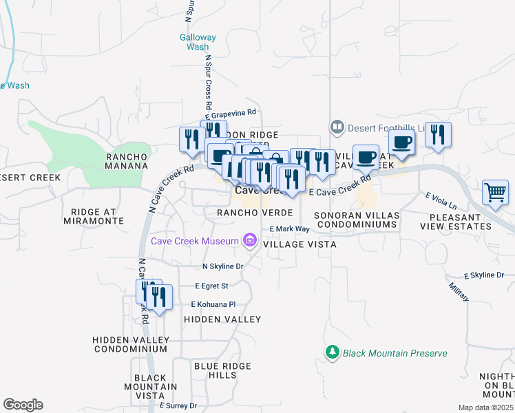 map of restaurants, bars, coffee shops, grocery stores, and more near 6145 East Cave Creek Road in Cave Creek