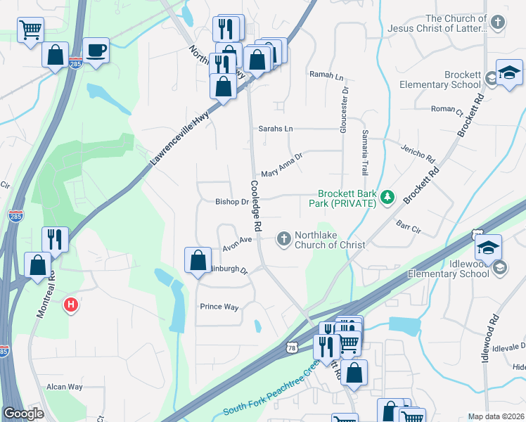 map of restaurants, bars, coffee shops, grocery stores, and more near 1685 Cooledge Road in Tucker