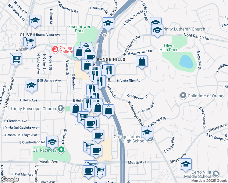 map of restaurants, bars, coffee shops, grocery stores, and more near 2028 East Orangeview Lane in Orange