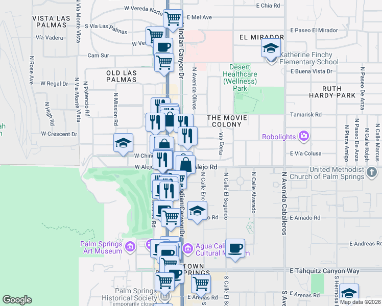 map of restaurants, bars, coffee shops, grocery stores, and more near 572 North Indian Canyon Drive in Palm Springs