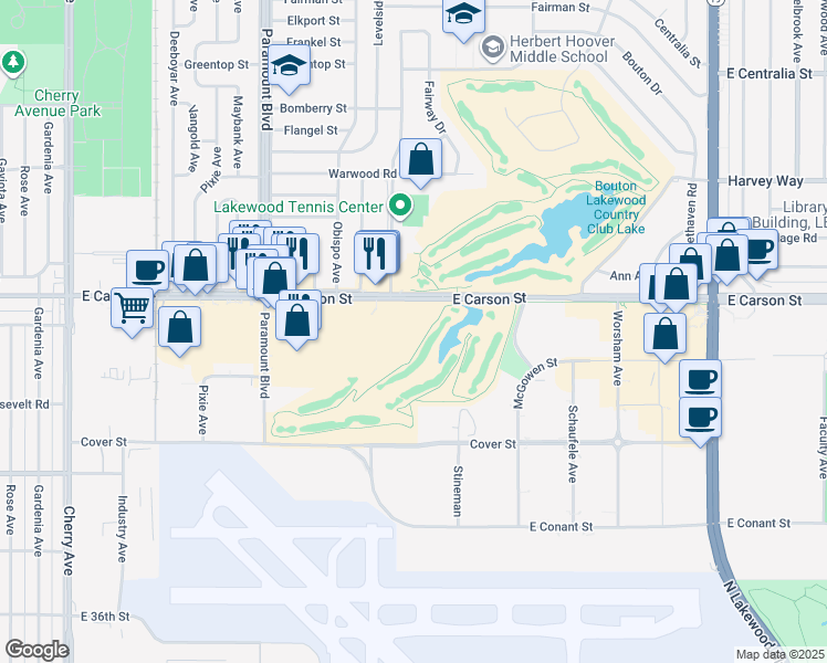map of restaurants, bars, coffee shops, grocery stores, and more near 4010 Watson Plaza Drive in Lakewood