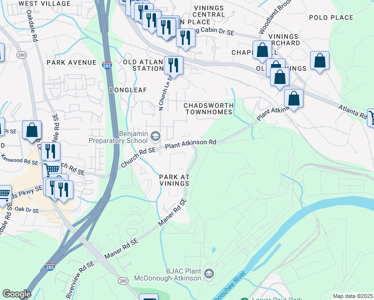map of restaurants, bars, coffee shops, grocery stores, and more near 5002 Bright Hampton Drive Southeast in Smyrna