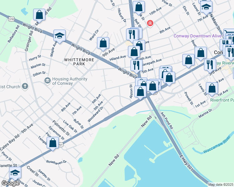 map of restaurants, bars, coffee shops, grocery stores, and more near 501 Myrtle Street in Conway