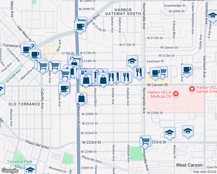 map of restaurants, bars, coffee shops, grocery stores, and more near 1520 West Carson Street in Torrance
