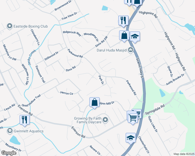 map of restaurants, bars, coffee shops, grocery stores, and more near 2860 Broxton Mill Court in Snellville