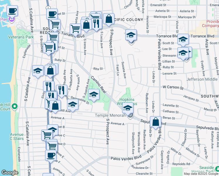 map of restaurants, bars, coffee shops, grocery stores, and more near 900 Camino Real in Redondo Beach