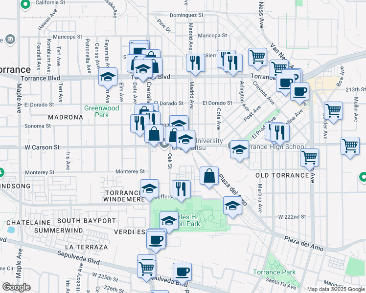 map of restaurants, bars, coffee shops, grocery stores, and more near 2400 West Carson Street in Torrance