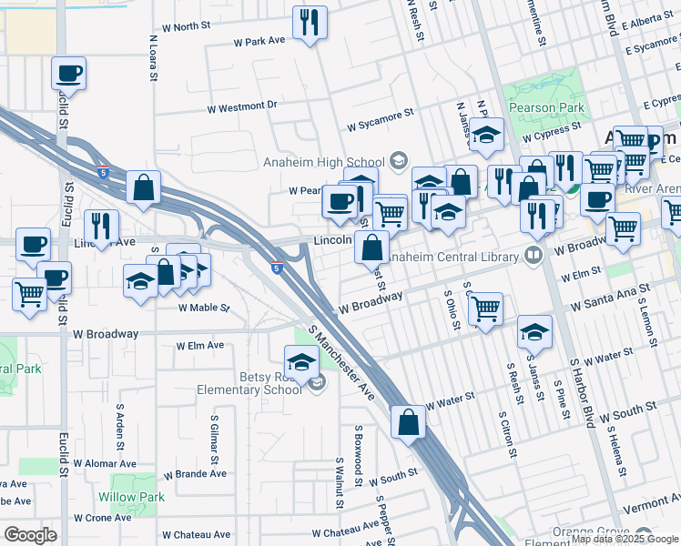 map of restaurants, bars, coffee shops, grocery stores, and more near 126 S Walnut St in Anaheim