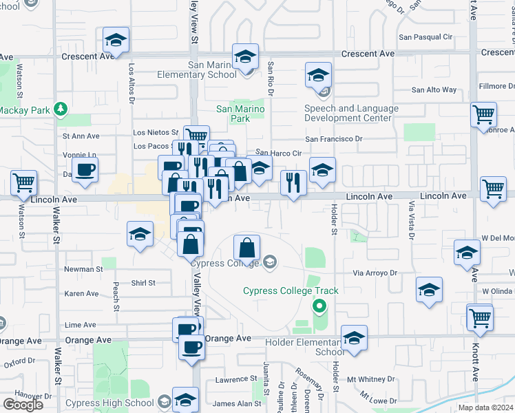 map of restaurants, bars, coffee shops, grocery stores, and more near 6212 Jasmine Way in Cypress
