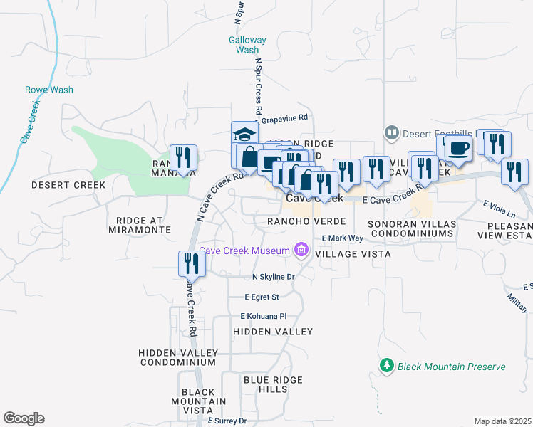 map of restaurants, bars, coffee shops, grocery stores, and more near 6023 East Hidden Valley Drive in Cave Creek