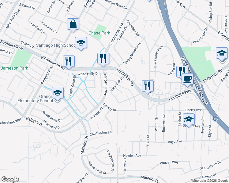 map of restaurants, bars, coffee shops, grocery stores, and more near 3247 Tamarisk Lane in Corona