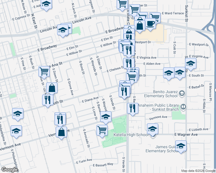 map of restaurants, bars, coffee shops, grocery stores, and more near 725 South Elder Street in Anaheim