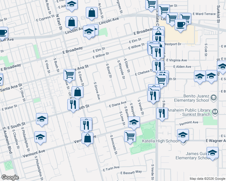 map of restaurants, bars, coffee shops, grocery stores, and more near 1430 East Lambda Place in Anaheim