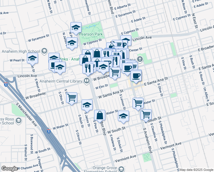 map of restaurants, bars, coffee shops, grocery stores, and more near 415 South Clementine Street in Anaheim