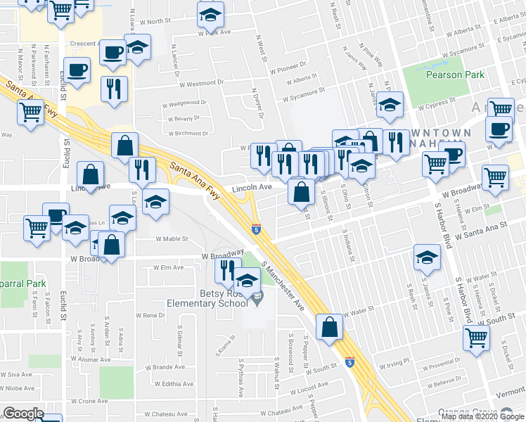 map of restaurants, bars, coffee shops, grocery stores, and more near 1304 West Center Street in Anaheim