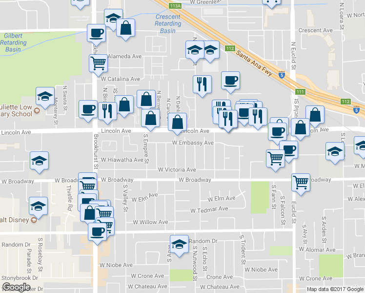 map of restaurants, bars, coffee shops, grocery stores, and more near 214 South Emerald Street in Anaheim